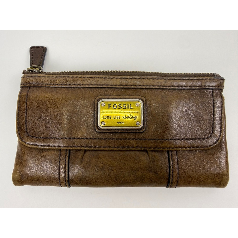 Fossil Long Live Vintage 1954 Brown Leather Bifold Zip Wallet ID Window